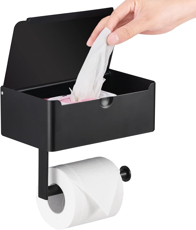 Toilet Paper Holder with Shelf and Hidden Wipes Dispenser Wall Mount