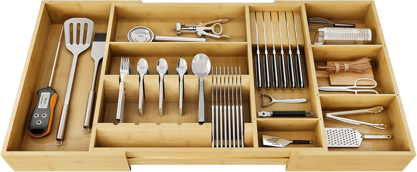 Expandable Bamboo Silverware Drawer Organizer Adjustable 8 Compartment Tray