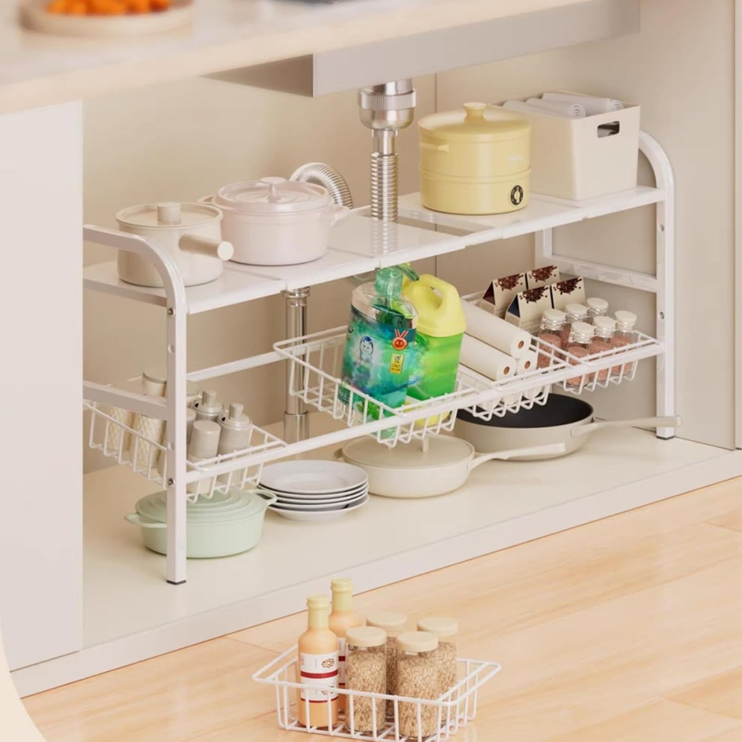2 Tier Expandable Under Sink Organizer with Removable Panels and Baskets