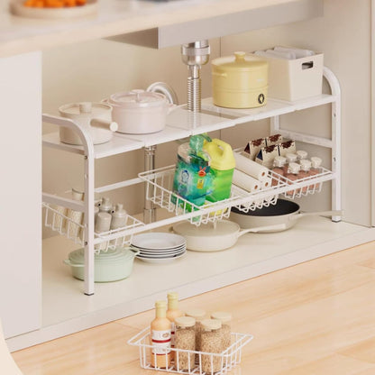 2 Tier Expandable Under Sink Organizer with Removable Panels and Baskets