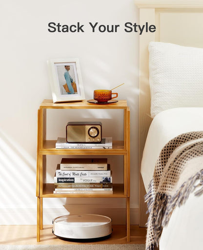 Bamboo Stackable End Tables Set of 2 Modular Nightstand Organizer