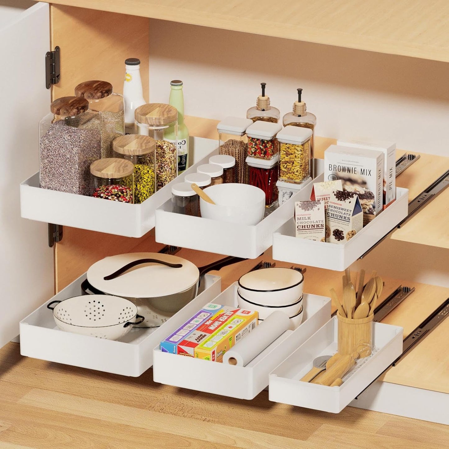 3 Pack Pull Out Cabinet Organizer Adhesive Sliding Drawers Set