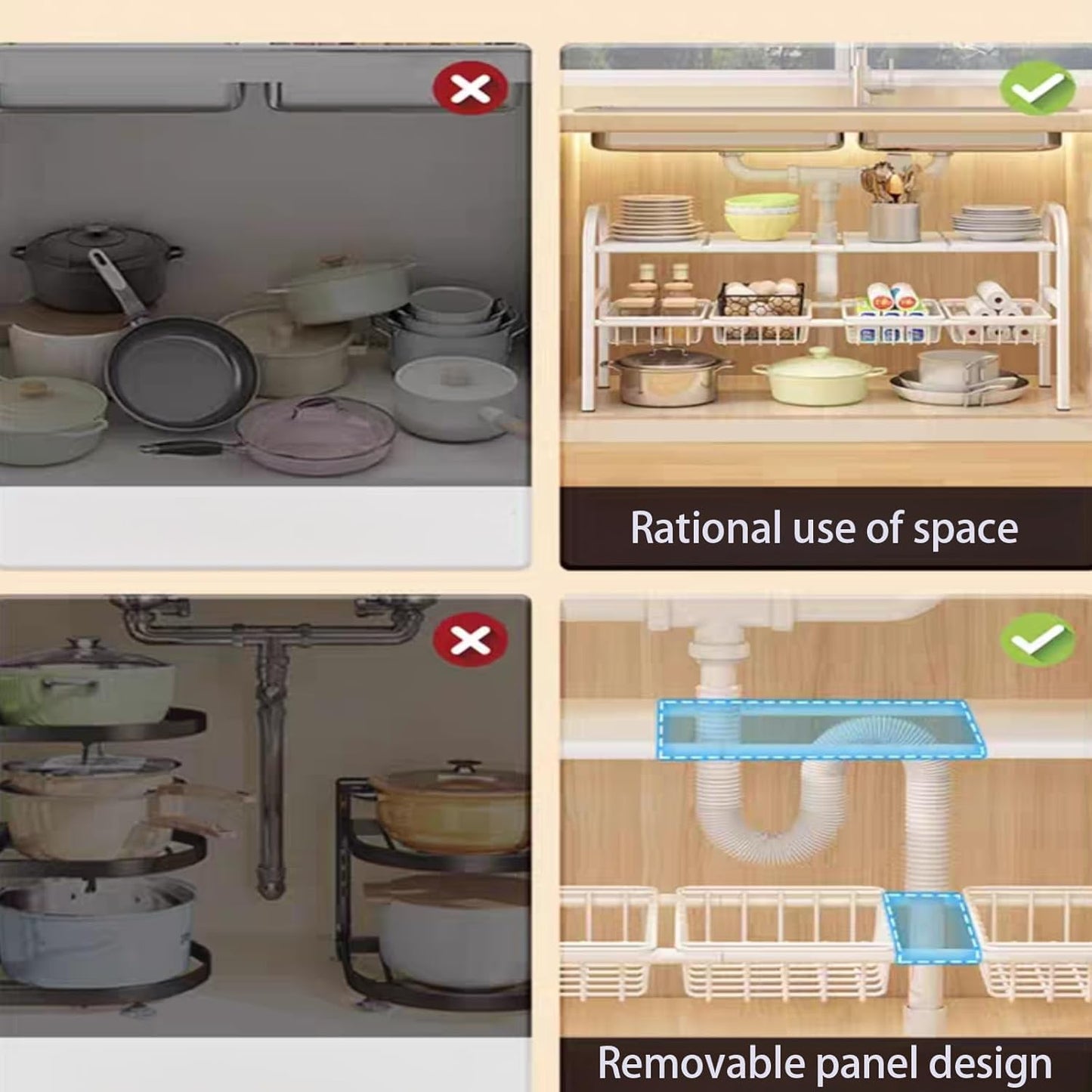 2 Tier Expandable Under Sink Organizer with Removable Panels and Baskets