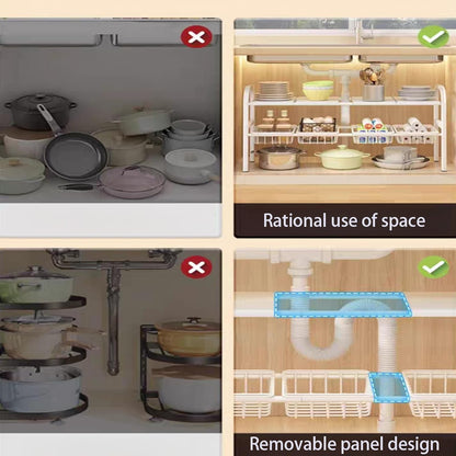 2 Tier Expandable Under Sink Organizer with Removable Panels and Baskets