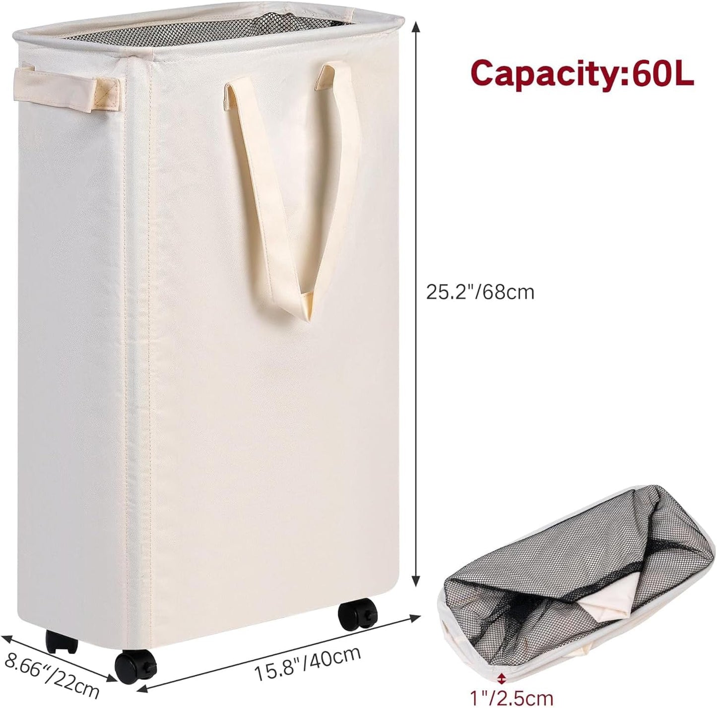 Slim Rolling Laundry Hamper with Wheels Narrow Space Saving Basket