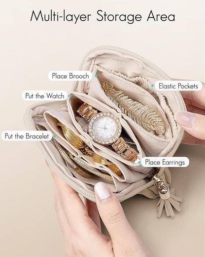 Compact Travel Jewelry Organizer Case with Zipper and Multiple Compartments