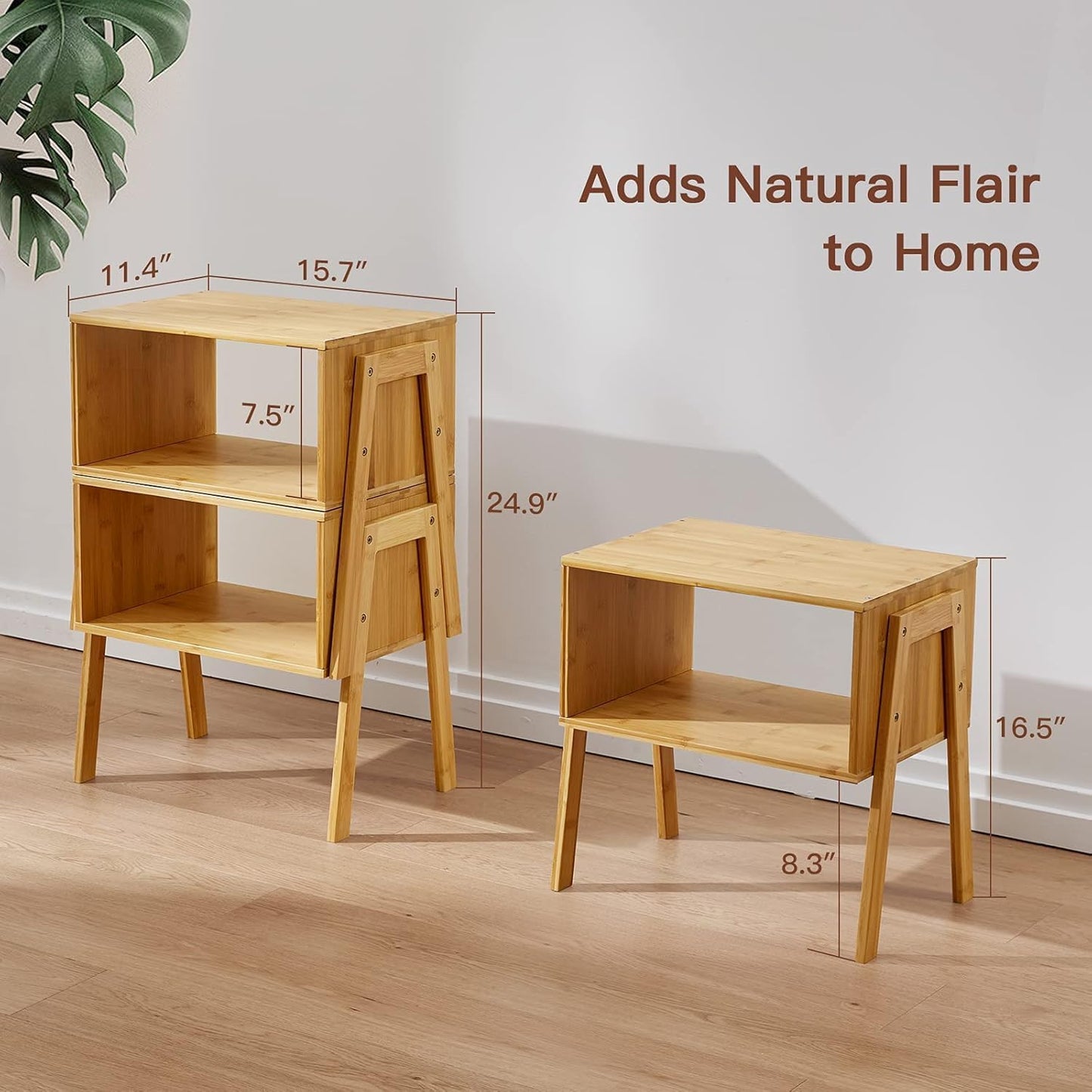 Bamboo Stackable End Tables Set of 2 Modular Nightstand Organizer