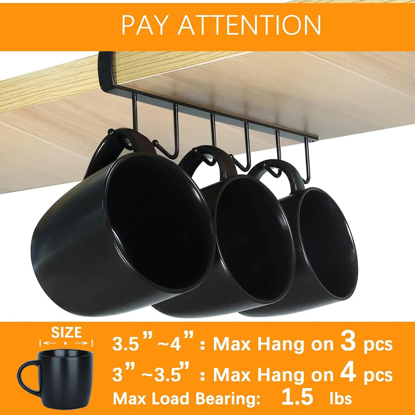 Under Cabinet Mug Holder Hooks 3 Pack 6 Hook Coffee Cup Organizer
