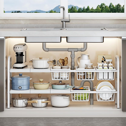 2 Tier Expandable Under Sink Organizer with Removable Panels and Baskets