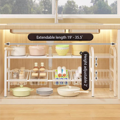 2 Tier Expandable Under Sink Organizer with Removable Panels and Baskets