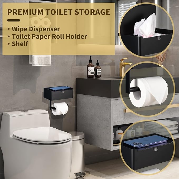 Toilet Paper Holder with Shelf and Hidden Wipes Dispenser Wall Mount