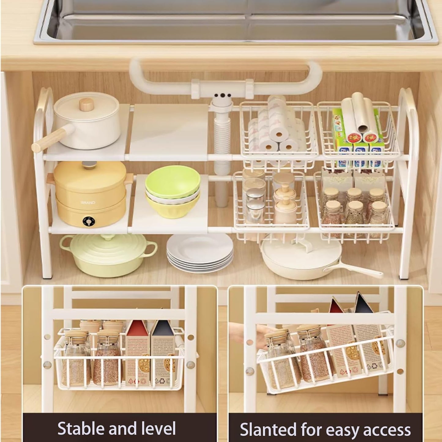 2 Tier Expandable Under Sink Organizer with Removable Panels and Baskets