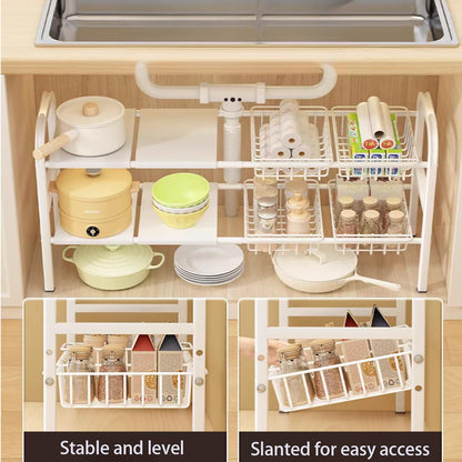 2 Tier Expandable Under Sink Organizer with Removable Panels and Baskets