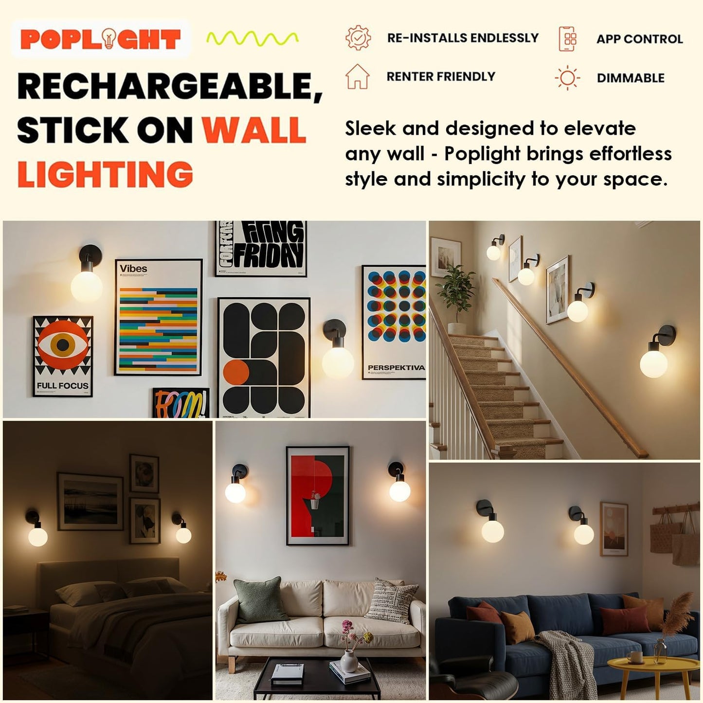 Poplight Wireless Wall Sconce Rechargeable Smart App Controlled Light