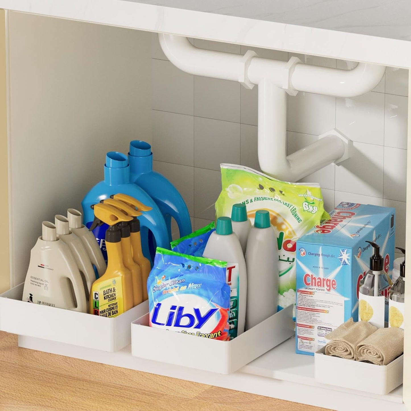 3 Pack Pull Out Cabinet Organizer Adhesive Sliding Drawers Set