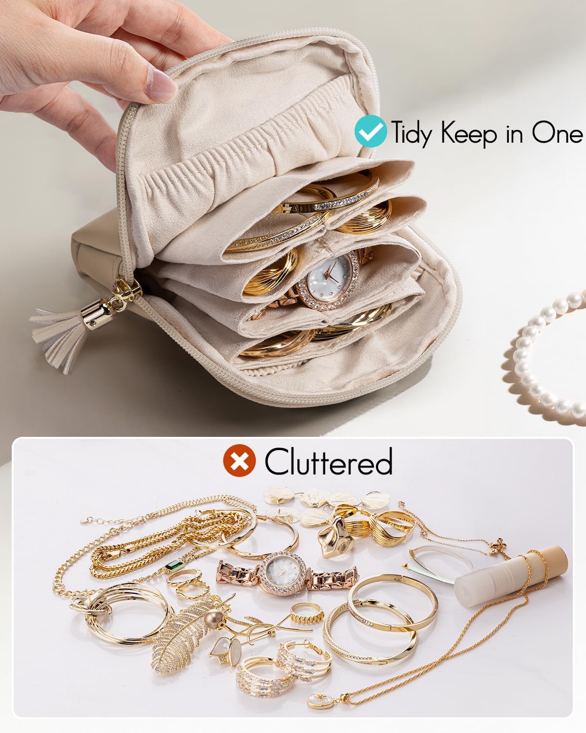 Compact Travel Jewelry Organizer Case with Zipper and Multiple Compartments