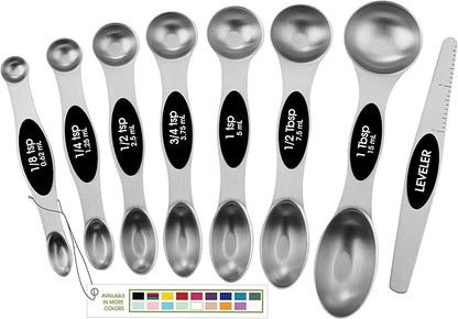 Magnetic Stainless Steel Measuring Spoons Set Dual Sided with Leveler