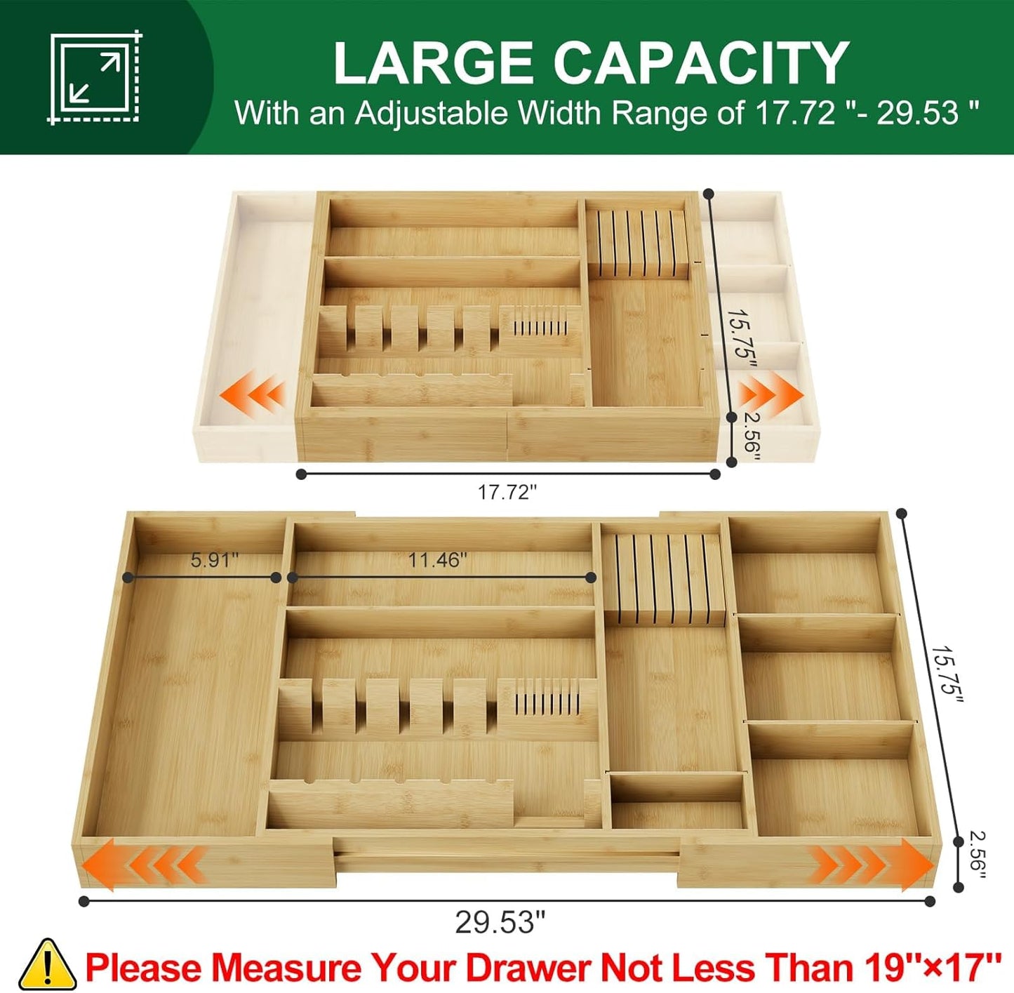 Expandable Bamboo Silverware Drawer Organizer Adjustable 8 Compartment Tray