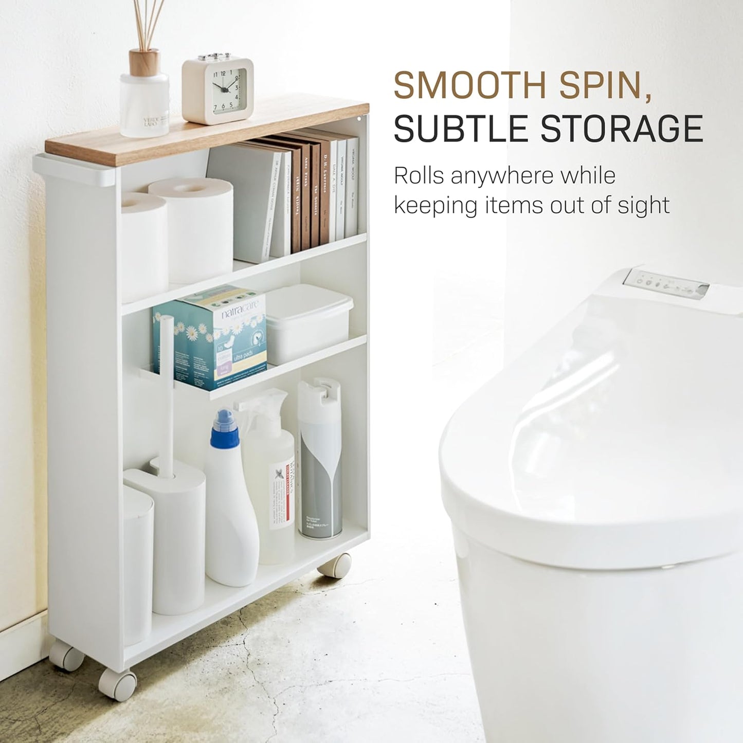 Slim Rolling Storage Cart with Wooden Top Narrow Bathroom Organizer
