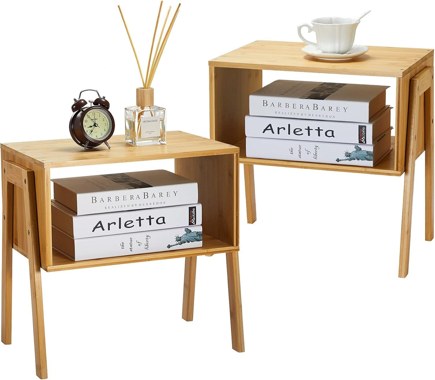 Bamboo Stackable End Tables Set of 2 Modular Nightstand Organizer
