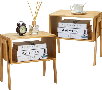 Bamboo Stackable End Tables Set of 2 Modular Nightstand Organizer