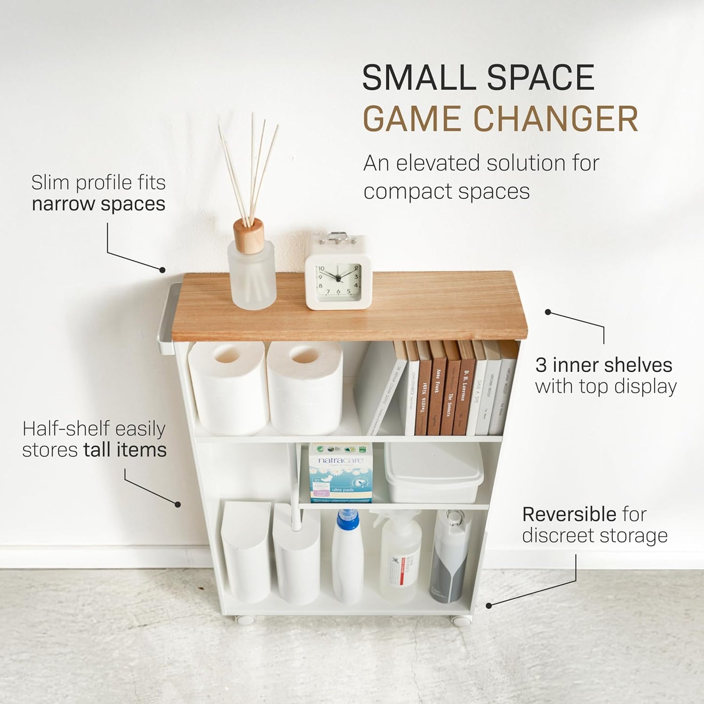 Slim Rolling Storage Cart with Wooden Top Narrow Bathroom Organizer