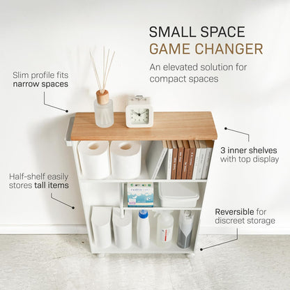 Slim Rolling Storage Cart with Wooden Top Narrow Bathroom Organizer
