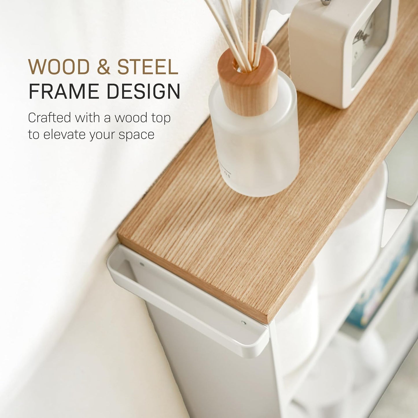 Slim Rolling Storage Cart with Wooden Top Narrow Bathroom Organizer