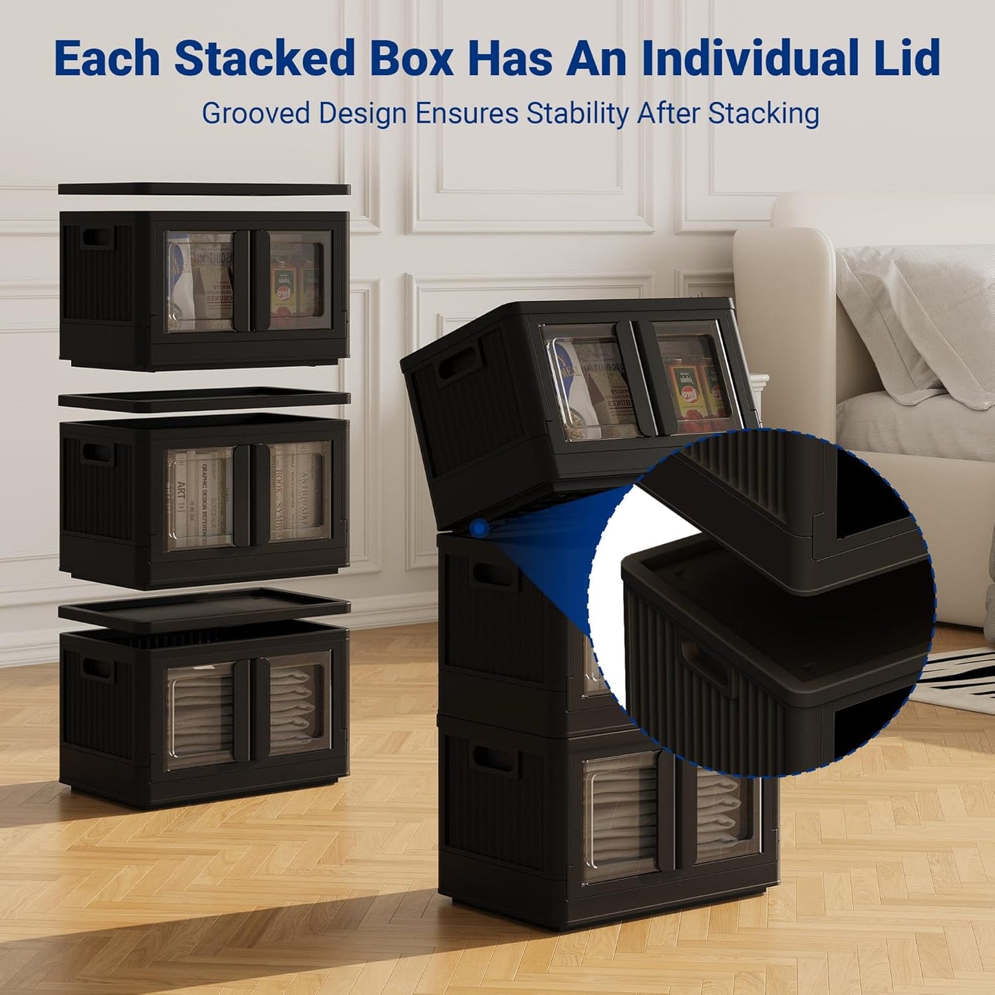 Collapsible Stackable Storage Bins with Lids and Front Door 3 Pack