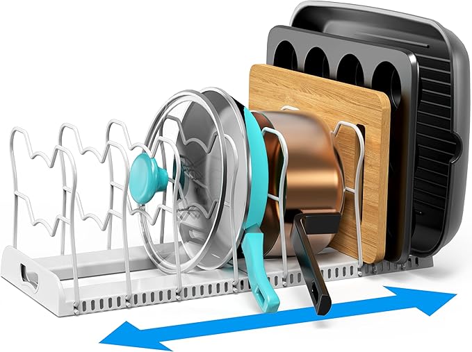 Expandable Pots and Pans Organizer Rack with 10 Adjustable Dividers