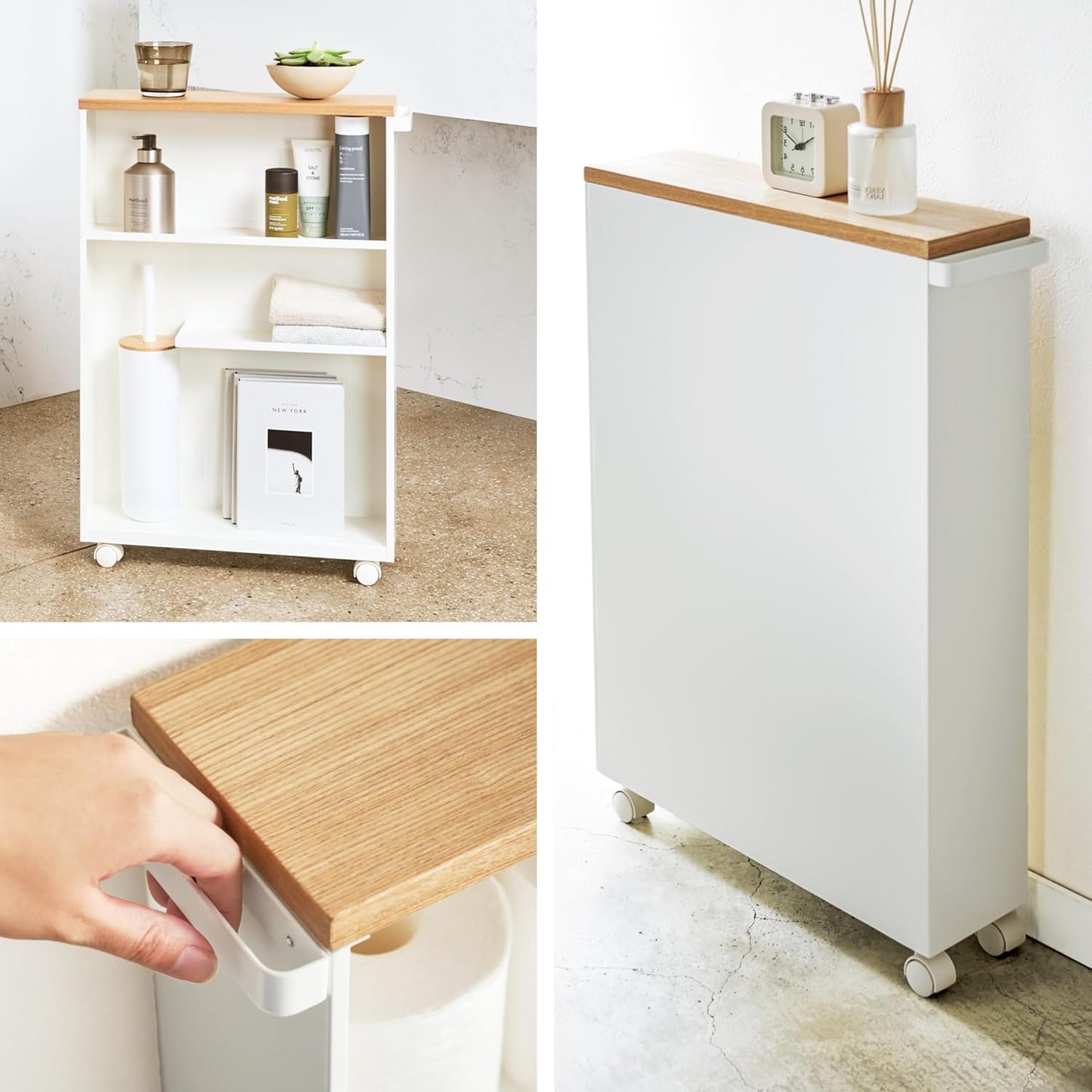 Slim Rolling Storage Cart with Wooden Top Narrow Bathroom Organizer