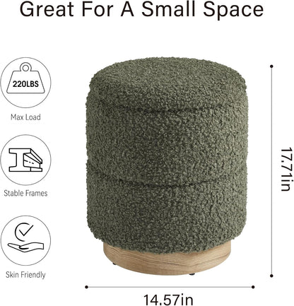 Round Storage Ottoman Upholstered Foot Stool with Wooden Base