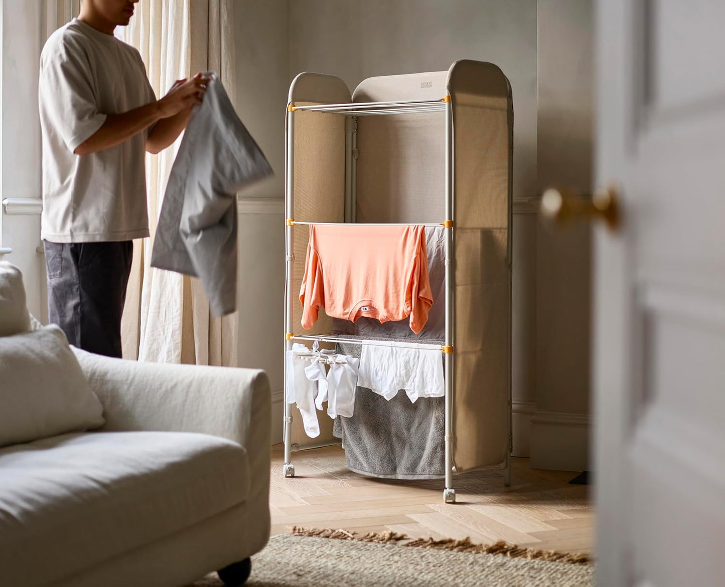 3 Tier Adjustable Laundry Drying Rack with Fabric Cover and Wheels