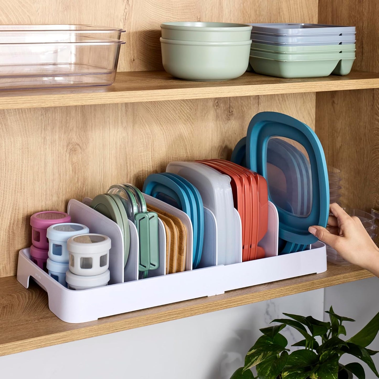 Expandable Food Container Lid Organizer with Adjustable Dividers