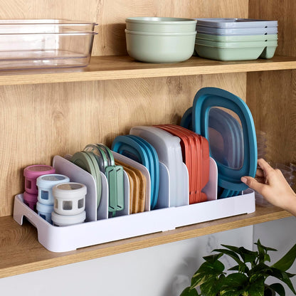 Expandable Food Container Lid Organizer with Adjustable Dividers