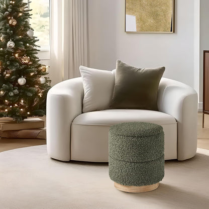 Round Storage Ottoman Upholstered Foot Stool with Wooden Base