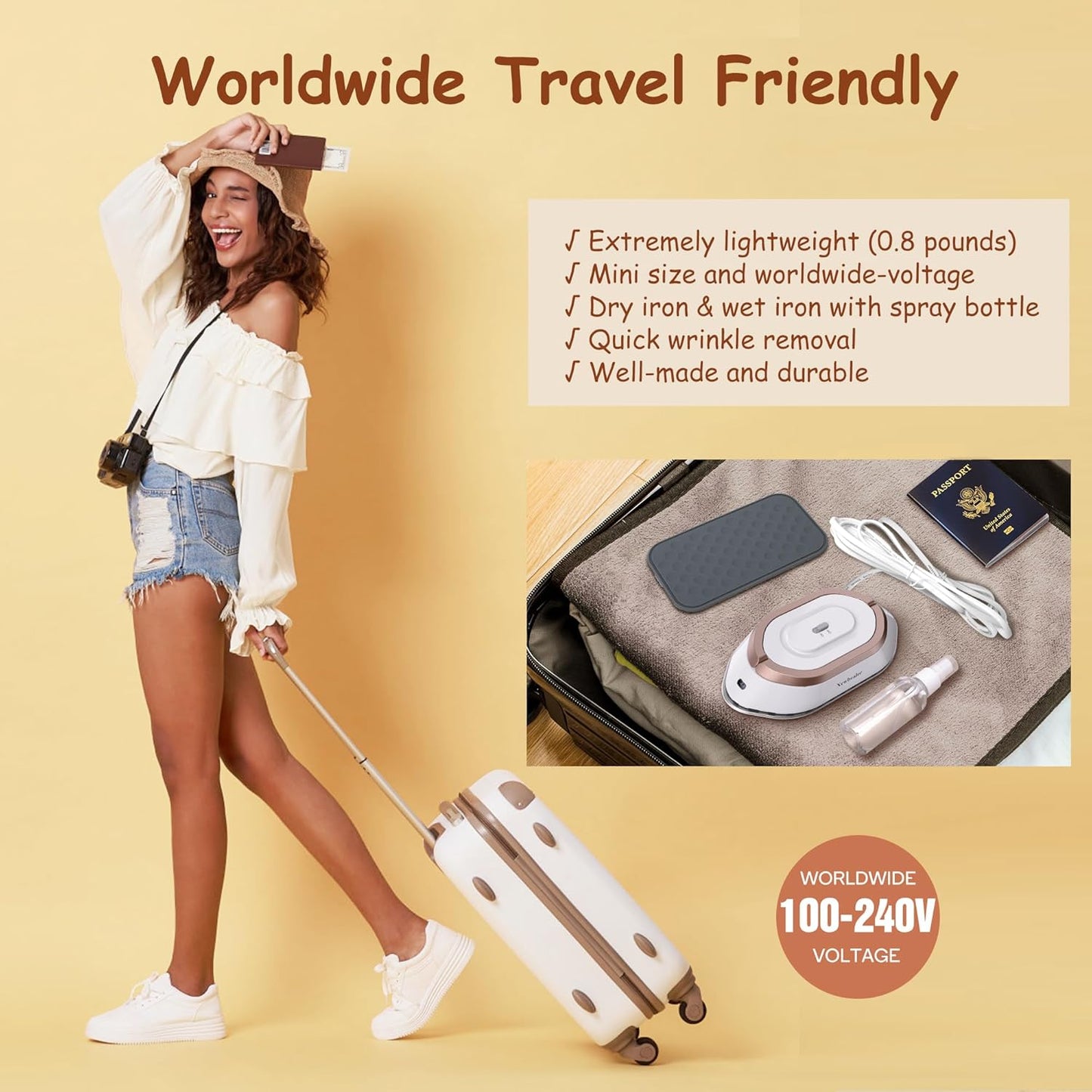Mini Travel Iron Dual Voltage Compact Dry Iron with Ceramic Soleplate