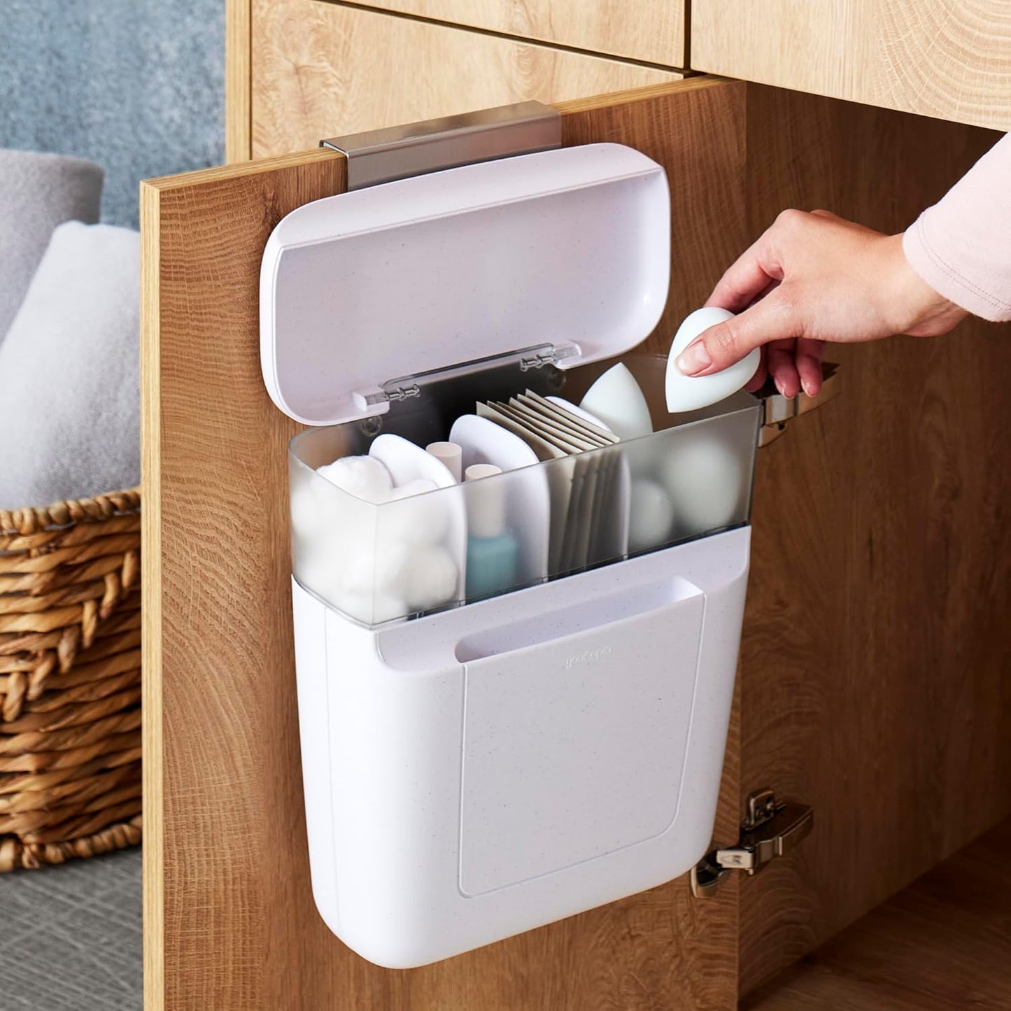 Over Cabinet Door Toiletry Organizer with Adjustable Compartments and Lid