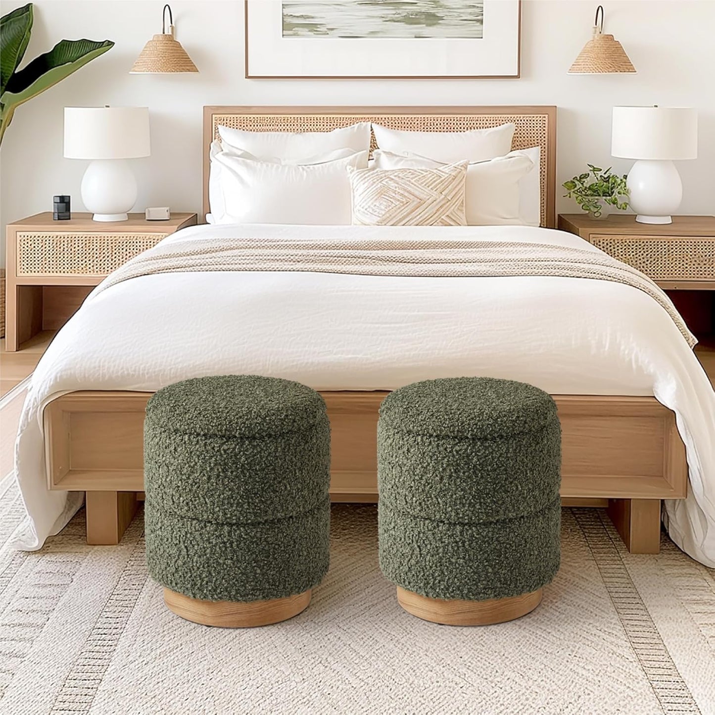 Round Storage Ottoman Upholstered Foot Stool with Wooden Base