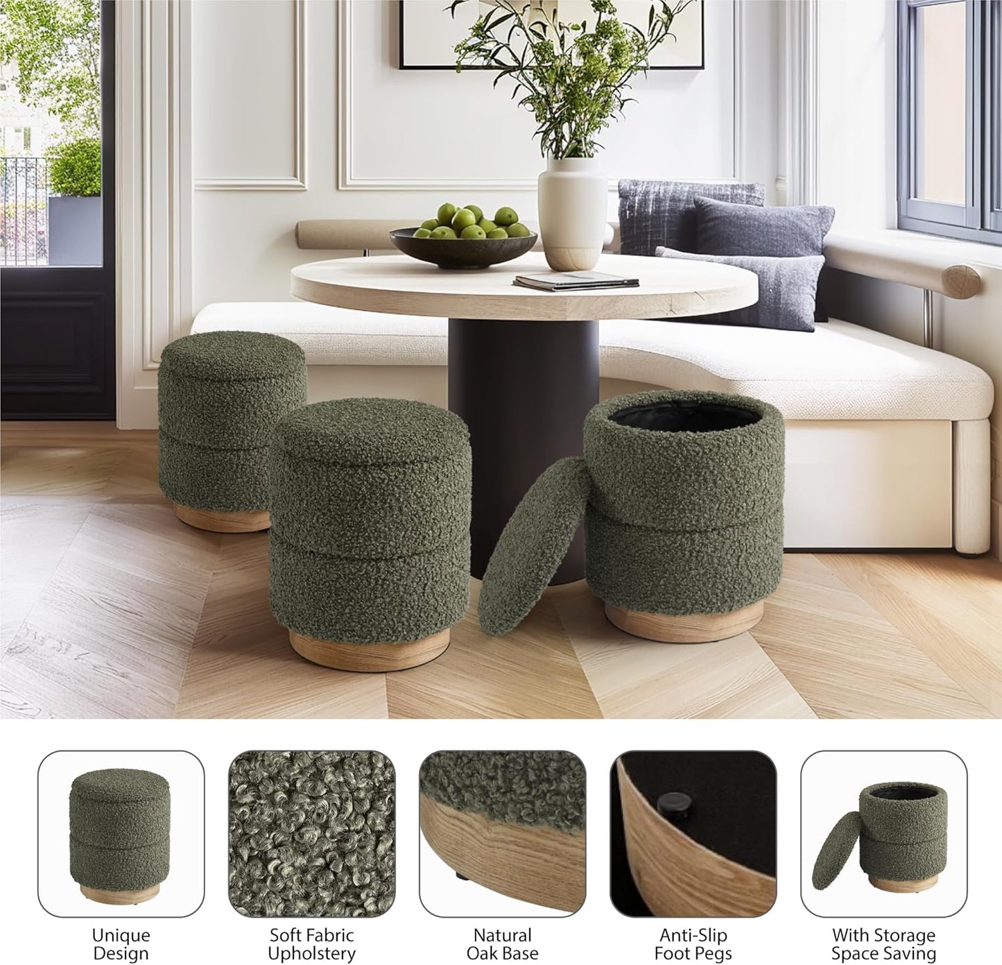 Round Storage Ottoman Upholstered Foot Stool with Wooden Base