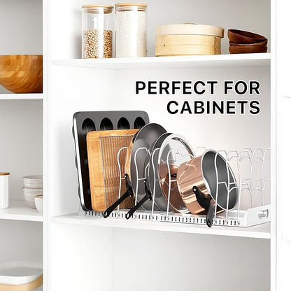 Expandable Pots and Pans Organizer Rack with 10 Adjustable Dividers