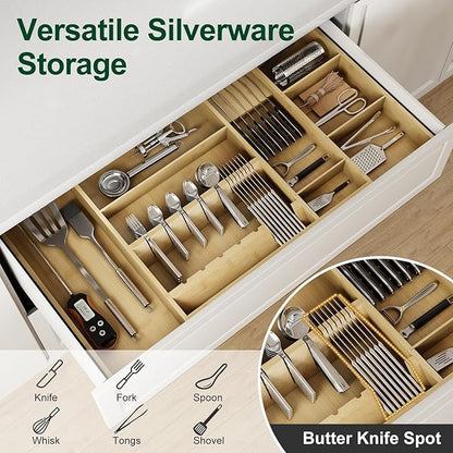 Expandable Bamboo Silverware Drawer Organizer Adjustable 8 Compartment Tray