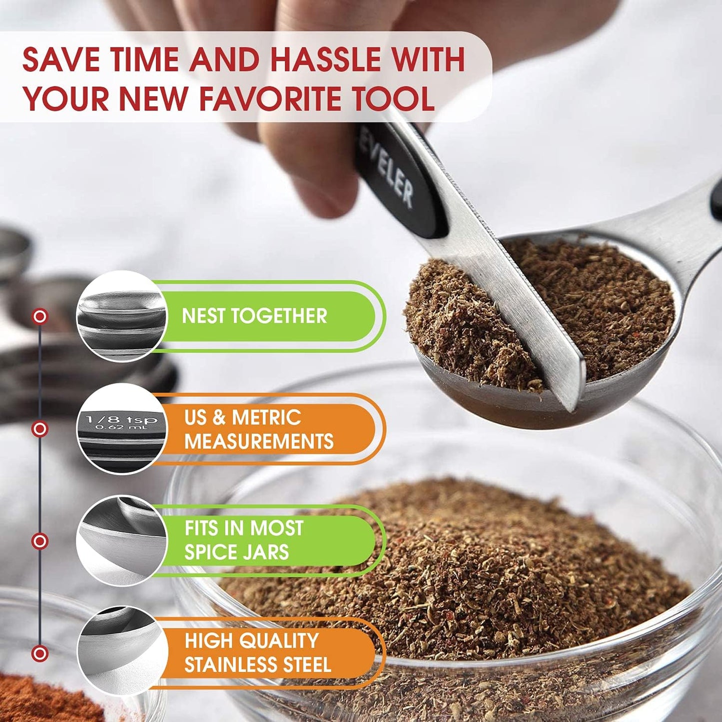 Magnetic Stainless Steel Measuring Spoons Set Dual Sided with Leveler
