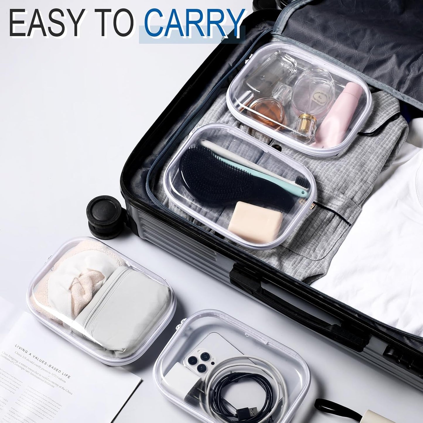 6 Pack Clear Hard Zipper Storage Cases Transparent Organizer Pouches