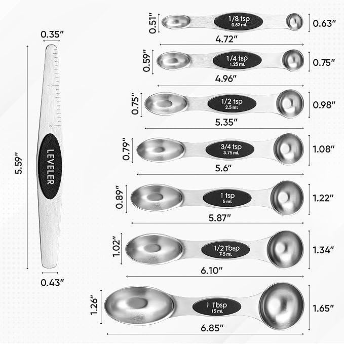 Magnetic Stainless Steel Measuring Spoons Set Dual Sided with Leveler
