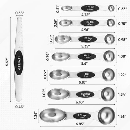 Magnetic Stainless Steel Measuring Spoons Set Dual Sided with Leveler